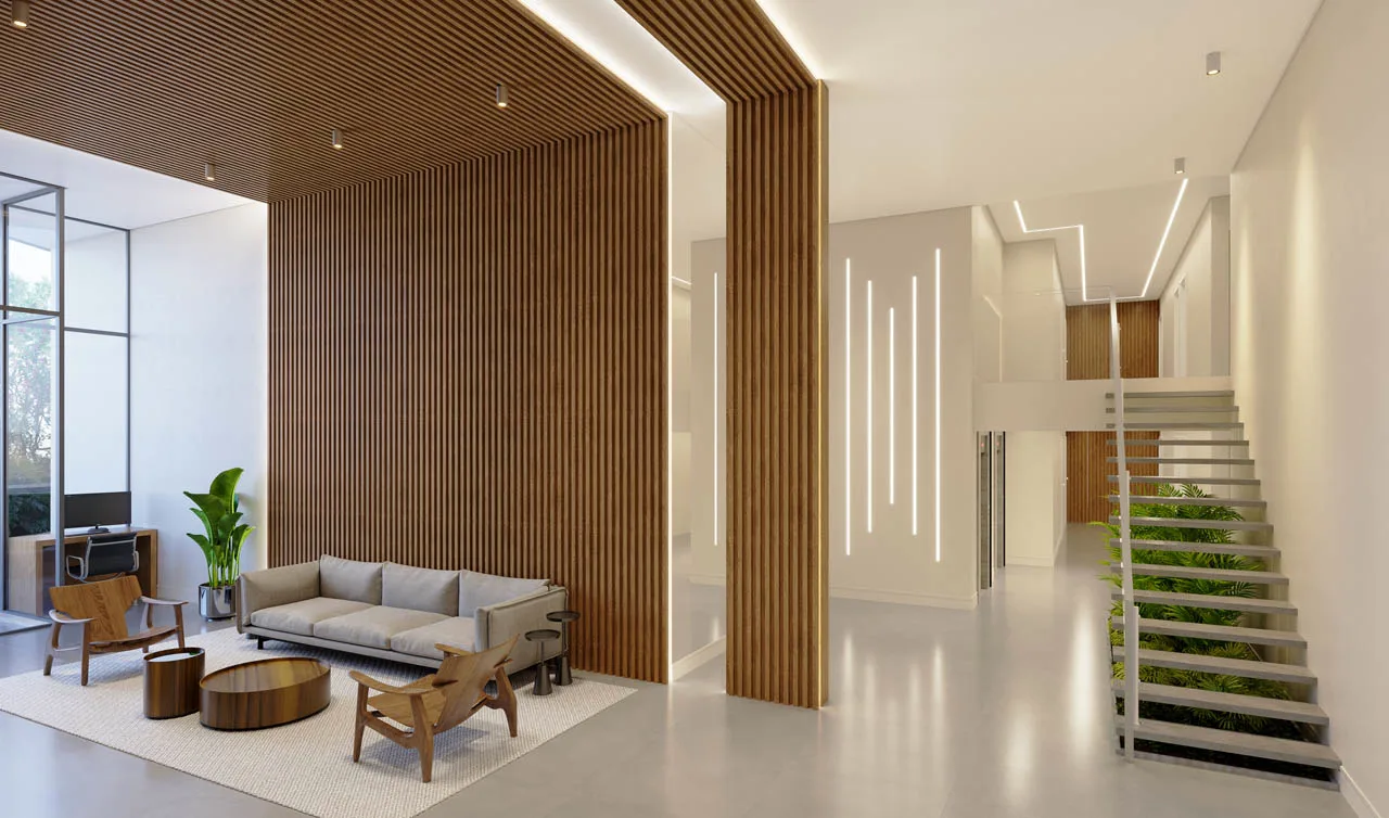 Hall de entrada residencial do Unity, com pé-direito duplo