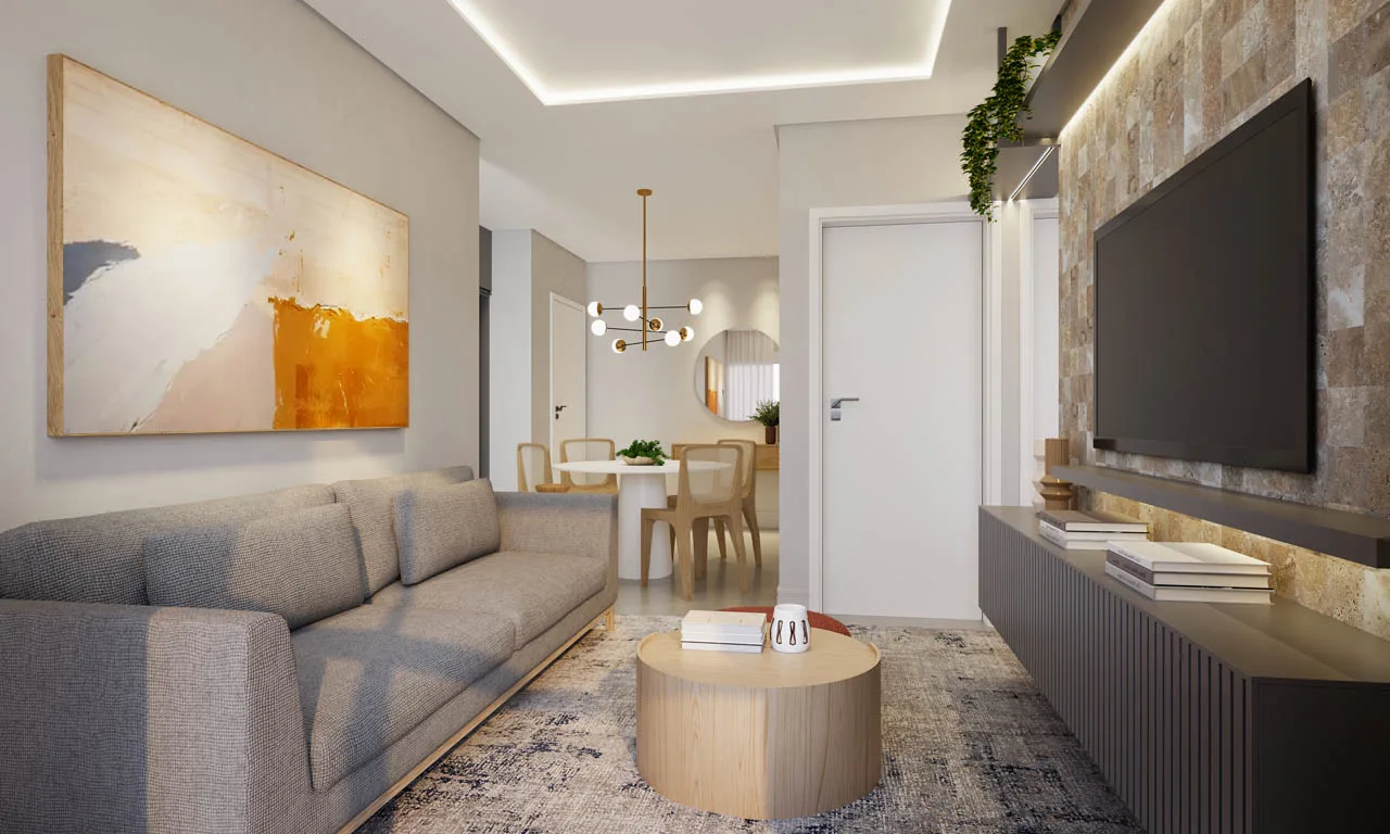 Living integrado do apartamento decorado do Unity