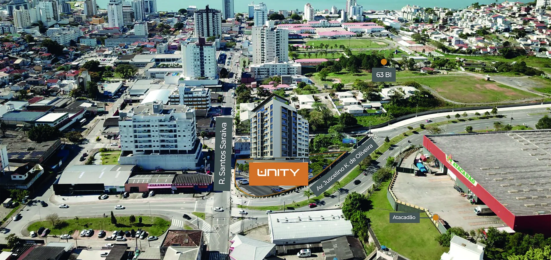Vista aérea do Estreito com o Unity destacado, entre a Rua Santos Saraiva e a Avenida Juscelino Kubitschek