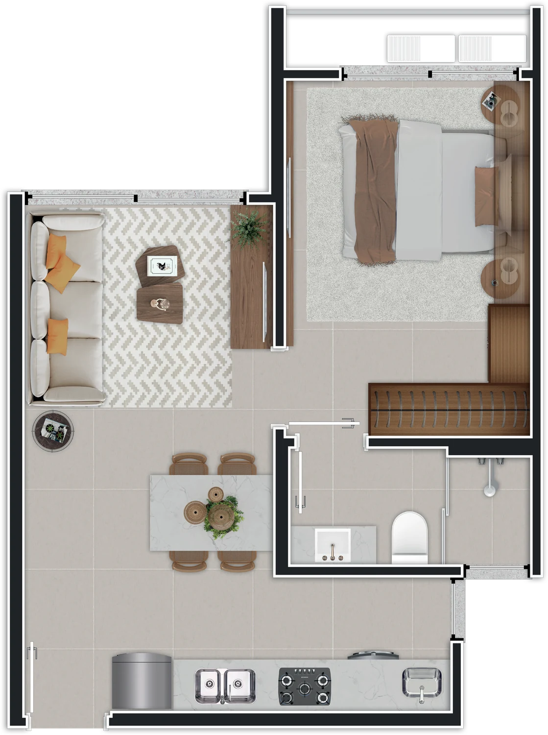 Planta ilustrativa do apartamento de 1 dormitório com suíte do Unity
