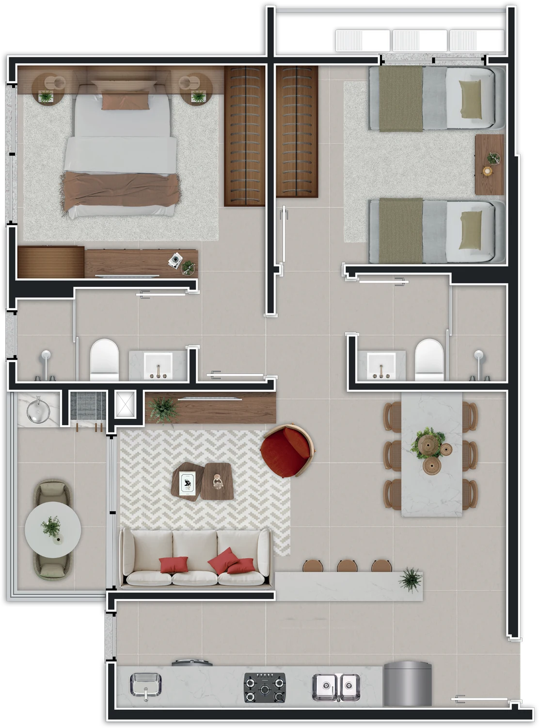 Planta ilustrativa do apartamento de 2 dormitórios com suíte e sacada do Unity