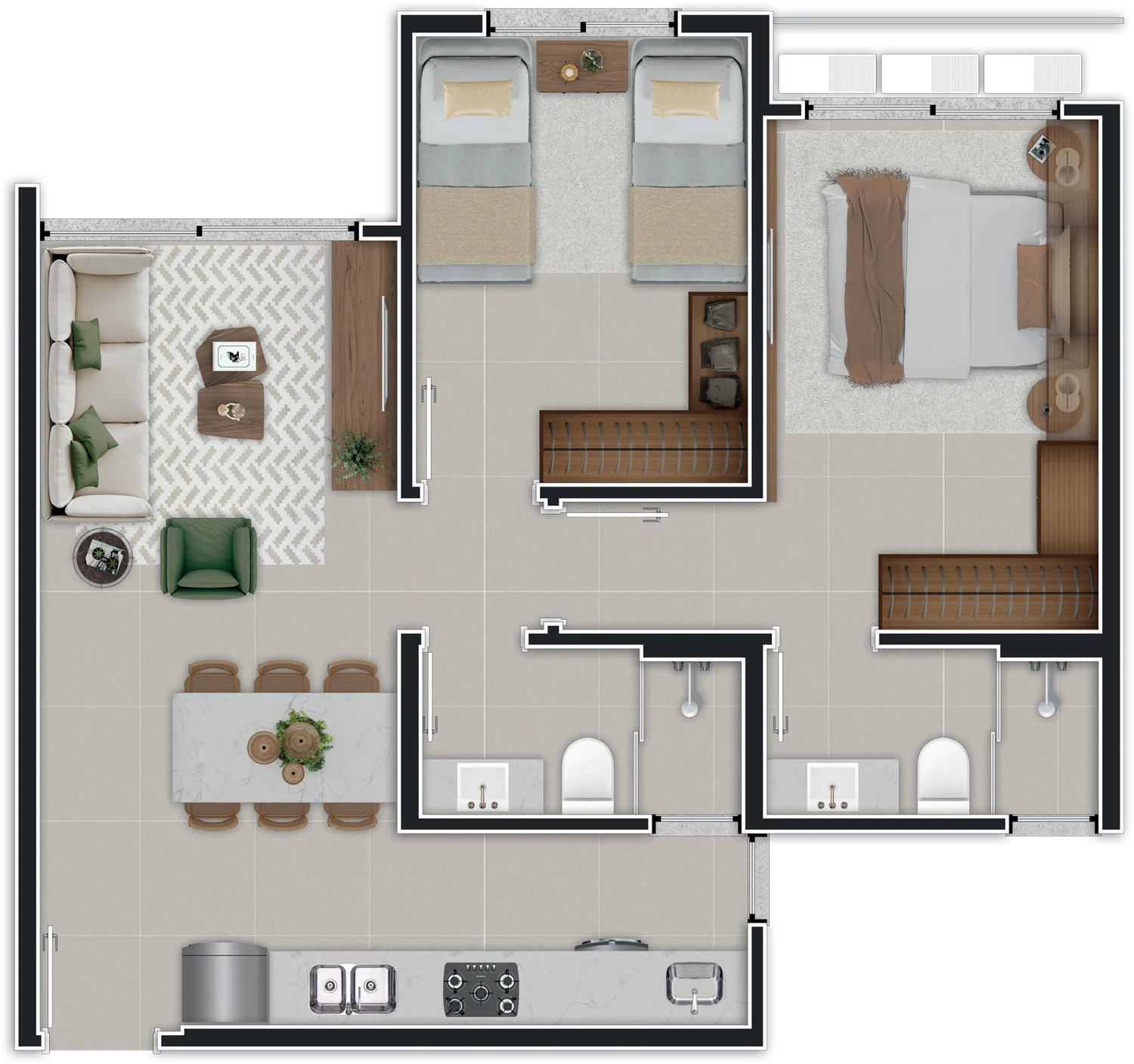 Planta ilustrativa do apartamento de 2 dormitórios com suíte do Unity